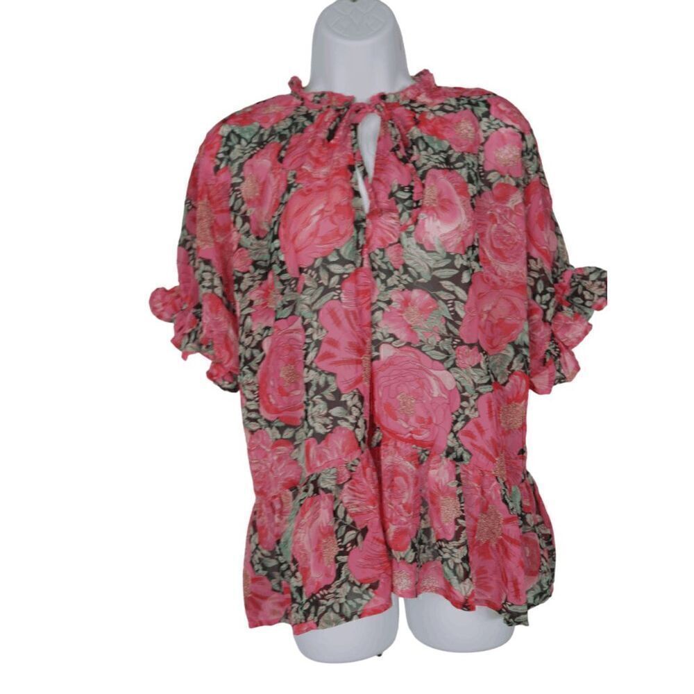 Umgee Women's Pink Floral Chiffon Elastic Cuff Short Sleeve Top S